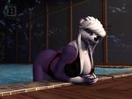  3d bear big_breasts big_butt black_nose blx24 breasts butt cleavage clothed clothing cloud female fur green_eyes hair hi_res inside lips long_hair looking_at_viewer mammal nails night panda pool purple_fur purple_lips sky smile solo swimsuit thighs water white_fur white_hair window 