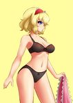  alice_margatroid black_bra black_panties blonde_hair bow bow_bra bow_panties bra breasts cleavage commentary hairband mazume medium_breasts panties short_hair simple_background solo touhou underwear underwear_only yellow_background 