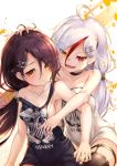  2girls :&lt; ahoge anchor_earrings assisted_exposure azur_lane bare_shoulders black_hair breasts brown_eyes cassin_(azur_lane) cleavage collar collarbone commentary_request cowboy_shot downes_(azur_lane) hair_ornament hairclip hand_on_another&#039;s_head heterochromia jewelry kurenai_musume long_hair low_ponytail medium_breasts mole mole_under_eye multicolored_hair multiple_girls no_bra ponytail red_eyes red_hair remodel_(azur_lane) revision shirt sideboob strap_slip streaked_hair thighhighs two-tone_hair white_hair yellow_eyes 