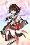  bangs brown_eyes brown_hair double-breasted elbow_gloves gloves hair_ornament highres honeycomb_(pattern) honeycomb_background kantai_collection remodel_(kantai_collection) scarf sendai_(kantai_collection) short_hair skirt smile solo tnk_(p_freaks) torpedo two_side_up white_scarf 