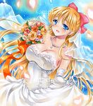  aino_minako at_classics bishoujo_senshi_sailor_moon blonde_hair blue_background blue_eyes bouquet bow breasts cleavage dress flower gloves half_updo jewelry large_breasts long_hair necklace orange_flower orange_rose pearl_necklace red_bow rose sample smile solo strapless strapless_dress veil wedding_dress white_dress white_gloves yellow_flower yellow_rose 
