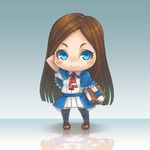  black_legwear blue_eyes blush_stickers book brown_hair castlevania castlevania:_portrait_of_ruin charlotte_aulin chibi dress eyelashes hand_behind_head long_hair looking_at_viewer lowres reflection smile solo standing stupa13a thighhighs zettai_ryouiki 