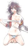  bandages banned_artist barefoot black_hair blue_hair breasts covering covering_breasts eyepatch kill_la_kill kissai kneeling matoi_ryuuko multicolored_hair navel open_clothes open_shirt panties senketsu shirt short_hair small_breasts solo streaked_hair striped striped_panties underwear 