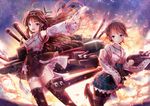  :d boots brown_hair detached_sleeves hair_ornament hairband hiei_(kantai_collection) kantai_collection kongou_(kantai_collection) long_hair machinery multiple_girls non_(nobu) nontraditional_miko open_mouth petals pleated_skirt purple_eyes short_hair skirt smile thigh_boots thighhighs turret 