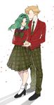  ahoge arutera bad_id bad_pixiv_id banned_artist bishoujo_senshi_sailor_moon blazer blonde_hair closed_eyes green_eyes green_hair hairband holding_hands jacket kaiou_michiru long_hair long_sleeves looking_at_viewer mugen_gakuen_school_uniform multiple_girls necktie pants petals plaid plaid_skirt pleated_skirt profile pumps sailor_collar school_uniform serafuku shadow short_hair simple_background skirt smile socks standing striped ten'ou_haruka very_short_hair white_background 