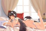  absurdres ass bedroom bird black_hair black_wings blush book bottomless breasts crow finger_to_mouth hat highres indoors looking_at_viewer lying magician_(china) medium_breasts on_stomach panties panties_around_one_leg parted_lips reading red_eyes shameimaru_aya sideboob solo tokin_hat touhou underwear underwear_only window wings 