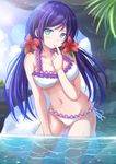  aqua_eyes ass_visible_through_thighs bikini blush breasts day finger_in_mouth flower frilled_bikini frills hair_flower hair_ornament hand_on_own_thigh hibiscus highres kazenokaze large_breasts long_hair looking_at_viewer love_live! love_live!_school_idol_project navel partially_underwater_shot purple_hair side-tie_bikini sky solo swimsuit toujou_nozomi twintails wading water 