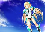  angela_balzac blonde_hair blue_eyes blush bodysuit expelled_from_paradise kaede_(003591163) long_hair sky twintails 