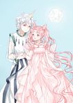  1girl back_bow bishoujo_senshi_sailor_moon blue_background bow chibi_usa couple crescent double_bun dress earrings facial_mark forehead_mark frills helios_(sailor_moon) hetero horn jewelry long_hair motituki0 pink_hair robe see-through small_lady_serenity twintails white_hair 