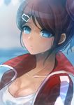  asahina_aoi bad_id bad_twitter_id blue_eyes breasts brown_hair chiko_(d04099) cleavage danganronpa danganronpa_1 dark_skin doughnut food hair_ornament hairclip jacket medium_breasts ponytail solo track_jacket 