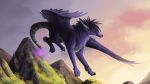  ashesdrawn canine day detailed_background digital_media_(artwork) dragon feathered_wings feathers fur hair hybrid mammal moss outside paws purple_feathers purple_fur purple_hair sky solo wings wolf 