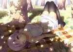  :o bad_id bad_pixiv_id bangs bare_arms blanket blush breasts collarbone dappled_sunlight dress forest full_body grass hair_ornament hairclip hatsuki_kaname high_heels long_hair looking_at_viewer lying medium_breasts nature on_back one_eye_closed original outdoors petals pink_eyes purple_hair sandals sandals_removed shade shadow shoes_removed sleeveless sleeveless_dress solo spaghetti_strap sunlight tareme thighhighs tree zettai_ryouiki 