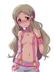  areola_slip areolae bad_id bad_twitter_id blush breasts brown_eyes brown_hair h@ll hair_ornament handa_roko idolmaster idolmaster_million_live! long_hair small_breasts solo suspenders topless twintails 