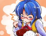  1girl @_@ blue_eyes blue_hair bow carrying ciel curry curry_rice eating food glasses holding plate rice rimless_eyewear school_uniform shinapuu short_hair simple_background solo spoon sweat tsukihime two-tone_background 