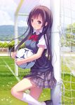  ball banned_artist blue_eyes blue_sky blush bow breasts brown_hair cloud day goal grass leaning long_hair mana_kakkowarai md5_mismatch medium_breasts original outdoors plaid plaid_skirt pleated_skirt school_uniform shirt skirt sky soccer soccer_ball soccer_field solo sweater_vest tree very_long_hair white_legwear wind 