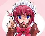  bow gradient gradient_background hisui maid maid_headdress open_mouth pointing pointing_at_viewer purple_eyes red_hair shinapuu short_hair simple_background solo tsukihime 
