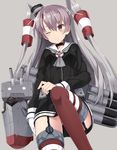  amatsukaze_(kantai_collection) black_dress blush brown_eyes choker convenient_leg cowboy_shot dress garter_straps gloves grey_background grey_neckwear hair_tubes hand_on_thigh headgear highres kantai_collection kuhotaka leg_up long_hair long_sleeves machinery neckerchief one_eye_closed red_legwear rensouhou-kun sailor_collar sailor_dress see-through short_dress silver_hair simple_background single_glove solo striped striped_legwear thighhighs two_side_up underwear wavy_mouth white_gloves white_hair zettai_ryouiki 