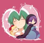  1girl ^_^ akazukin_chacha bad_id bad_pixiv_id cape closed_eyes doll elizabeth_(akazukin_chacha) green_hair heart hood kinako_(moment) kneeling long_hair purple_eyes purple_hair seravi_(akazukin_chacha) smile yakko_(akazukin_chacha) 