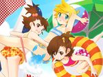  2girls bad_id bad_pixiv_id ball beachball bikini blonde_hair brown_eyes brown_hair child crossdressing crossover futami_ami futami_mami green_eyes hair_bobbles hair_ornament idolmaster idolmaster_(classic) innertube kagamine_len kirimomimomi multiple_girls otoko_no_ko polka_dot polka_dot_bikini polka_dot_swimsuit seiyuu_connection shaved_ice shimoda_asami siblings side_ponytail sisters striped swimsuit twins vocaloid 