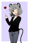  alternate_costume animal_ears casual chipa_(arutana) contemporary grey_hair heart mouse_ears mouse_tail nazrin one_eye_closed red_eyes short_hair solo tail touhou 