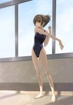  barefoot brown_eyes brown_hair competition_swimsuit feet flat_chest full_body hakui_ami hands legs one-piece_swimsuit original school_swimsuit short_hair solo stretch swimsuit 