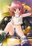  animal_ears animal_tail bandaid brown_eyes brown_hair car cat_ears cat_tail character_request child fang fangs gloves happy highres looking_at_viewer motor_vehicle oversized_paw_gloves paws red_hair short_hair shorts sitting tail tank_top tennis_shoes trunk vehicle yellow_eyes 