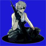  ahoge america_(hetalia) assault_rifle axis_powers_hetalia bad_id bad_pixiv_id blonde_hair blue_eyes gloves gun m16 machine_gun male_focus rifle simple_background sitting solo sudachips sunglasses weapon 