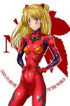  bangs blonde_hair blue_eyes blush bodysuit bracer breasts closed_mouth cowboy_shot english eyebrows_visible_through_hair gloves hands_on_hips headgear highres hips kamia_(not_found) legs_apart light_smile logo long_hair looking_at_viewer neon_genesis_evangelion nerv number outline parted_bangs pilot_suit plugsuit red_bodysuit shiny shiny_clothes shiny_hair simple_background skin_tight skinny slender_waist small_breasts smile solo souryuu_asuka_langley standing straight_hair turtleneck two_side_up white_background 