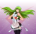  alternate_costume apron blush c.c. code_geass enmaided garters green_hair heart heart_hands k-on! long_hair maid maid_headdress md5_mismatch moe_moe_kyun! open_mouth parody shunpoo solo thighhighs wrist_cuffs yellow_eyes 