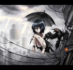  bare_shoulders barefoot bird black_dress blue_eyes blue_hair cable city cloud crow cyberpunk dress gia light_rays original pale_skin short_hair solo squatting sunbeam sunlight umbrella 