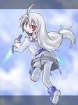  kugelschreiber long_hair looking_back red_eyes silver_hair solo suguri suguri-sp suguri_(character) sword weapon 