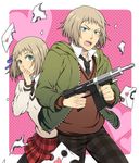  1girl axis_powers_hetalia bad_id bad_pixiv_id blonde_hair green_eyes gun hair_ribbon heart hood hoodie letter liechtenstein_(hetalia) love_letter machine_gun necktie plaid plaid_skirt protecting ribbon school_uniform short_hair siblings skirt sweater switzerland_(hetalia) topon_(dallar) weapon 