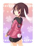  alternate_costume amaa_(chou_dennou_jidai) animal_ears black_hair bunny_ears bunny_tail casual contemporary inaba_tewi jacket looking_back red_eyes short_hair skirt solo tail touhou 