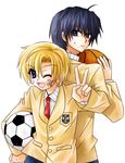  apo_(777) back-to-back bad_id bad_pixiv_id ball bandages basketball blonde_hair blue_eyes blue_hair brown_eyes clannad hikarizaka_private_high_school_uniform male_focus multiple_boys okazaki_tomoya one_eye_closed school_uniform soccer_ball sunohara_youhei sweat telstar v 