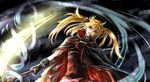  bardiche blonde_hair blood cape ego6 fate_testarossa gloves highres lyrical_nanoha mahou_shoujo_lyrical_nanoha mahou_shoujo_lyrical_nanoha_a's red_eyes scythe solo twintails 