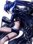  arm_cannon bikini_top black_hair black_rock_shooter black_rock_shooter_(character) blue_eyes burning_eye chain fumio_(rsqkr) long_hair midriff scar sketch solo twintails uneven_twintails weapon 