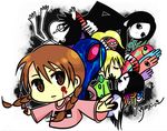  3girls blood blood_on_face bloody_weapon copyright_name kasei-san knife kyukkyu-kun madotsuki mogami monoko multiple_girls pink_shirt poniko sekomumasada_sensei shirt uboa weapon yume_nikki 