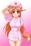  blue_eyes blush character_request fox_ears fox_tail foxgirl long_hair nurse orange_hair 