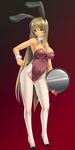  animal_ears bare_shoulders blonde_hair breasts bunny_ears bunny_tail bunnysuit covered_nipples green_eyes hayama_kazusa high_heels highres large_breasts long_hair navel necktie original pantyhose shoes solo tail tray very_long_hair white_legwear wrist_cuffs 