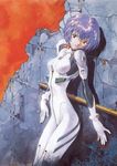  90s against_wall ayanami_rei bangs blue_hair bodysuit bracer breasts broken_wall cloud cloudy_sky cowboy_shot duplicate from_side gloves hair_between_eyes handrail head_tilt headgear highres legs_together looking_at_viewer neon_genesis_evangelion number official_art outdoors pale_skin parted_lips pilot_suit plugsuit red_eyes ruins sadamoto_yoshiyuki scan shadow shiny shiny_hair short_hair signature skinny sky small_breasts solo standing sunset turtleneck wall white_bodysuit 