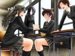  amagami animal_ears black_hair black_jacket blazer brown_hair classroom desk glasses headband hiba_manaka indoors jacket kibito_high_school_uniform long_hair long_sleeves morishima_haruka multiple_girls pleated_skirt ponytail school_desk school_uniform short_hair skirt tsukahara_hibiki yuzuki_ruriko 