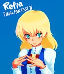 blonde_hair blue_background character_name copyright_name final_fantasy final_fantasy_iii green_eyes kara_(color) lowres refia solo steepled_fingers traditional_media upper_body 