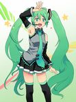  armpits bad_id bad_pixiv_id detached_sleeves green_eyes green_hair hatsune_miku headphones hyakuen_raitaa long_hair necktie solo thighhighs twintails very_long_hair vocaloid waving 