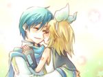  1girl bad_id bad_pixiv_id blonde_hair blue_hair blue_scarf closed_eyes hair_ornament hair_ribbon hairclip kagamine_rin kaito kiss ribbon scarf short_hair smile suzushiro_haru vocaloid 