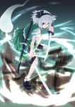  :o bangs black_hairband blue_eyes blunt_bangs bob_cut bow dual_wielding duplicate fighting_stance full_body glowing hair_bow hairband haniwa_(leaf_garden) hitodama holding katana konpaku_youmu konpaku_youmu_(ghost) loafers looking_at_viewer sheath shoes short_hair skirt skirt_set socks solo standing sword touhou v-shaped_eyebrows weapon white_hair white_legwear 