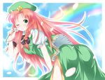  ass bad_id bad_pixiv_id bent_over beret braid flower green_eyes hat hong_meiling long_hair looking_back one_eye_closed petals rainbow red_hair solo touhou twin_braids very_long_hair yatomi 