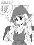  animal_ears collar_tug fingernails greyscale hat long_fingernails looking_down milk monochrome mystia_lorelei short_hair solo thought_bubble touhou wings you_naka 