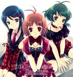  2girls akizuki_ryou antenna_hair blue_hair brown_hair chain collar cross crossdressing dearly_stars detached_collar detached_sleeves green_hair hidaka_ai idolmaster idolmaster_dearly_stars mame-p mizutani_eri multiple_girls necktie otoko_no_ko plaid punkish_gothic sitting wristband 