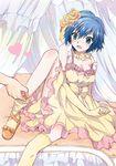  bed bed_sheet blue_eyes blue_hair blush breasts canopy_bed cleavage dress elbow_gloves flower frills gathers gloves hair_flower hair_ornament heart kneehighs kurimomo light_particles lolita_fashion medium_breasts persona persona_4 ribbon shirogane_naoto shoes short_hair socks solo_focus sweet_lolita thighhighs yellow_legwear 