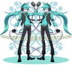  aqua_eyes aqua_hair bad_id bad_pixiv_id clone fingerless_gloves genderswap genderswap_(ftm) gloves hatsune_mikuo headphones koi_wa_sensou_(vocaloid) long_hair male_focus microphone multiple_boys necktie saotome symmetrical_hand_pose vintage_microphone vocaloid 